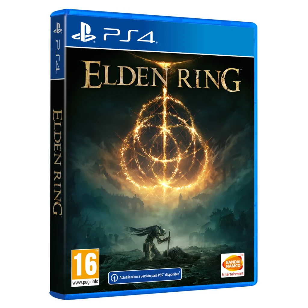 Videojuego Bandai Namco Entertainment Elden Ring Estándar PS4, vista frontal: caja azul PS4 con anillo dorado en llamas