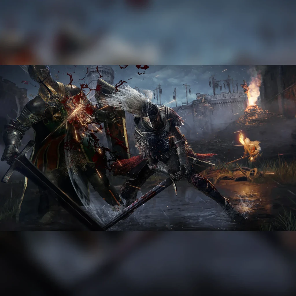 Videojuego Bandai Namco Entertainment Elden Ring Estándar PS4, en uso: combate entre guerreros con armadura ante un castillo