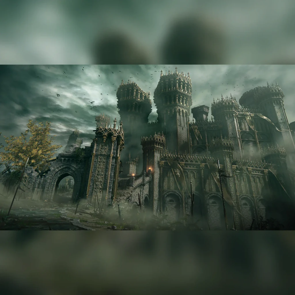 Videojuego Bandai Namco Entertainment Elden Ring Estándar PS4, en uso: castillo gótico en ruinas bajo cielo tormentoso