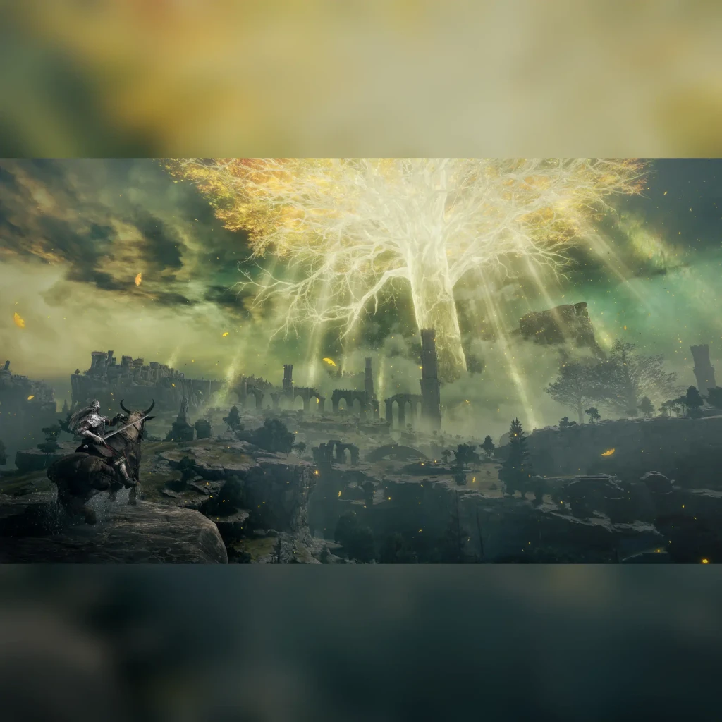 Videojuego Bandai Namco Entertainment Elden Ring Estándar PS4, en uso: guerrero en acantilado ante el Árbol Áureo luminoso