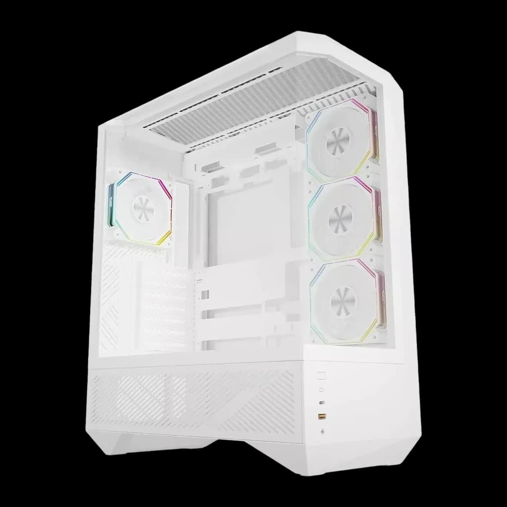 Caja PC Darkflash DY460 3 Paneles Cristal Templado 330° ATX Blanco, vista frontal: 4 ventiladores ARGB visibles tras paneles