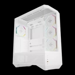 Caja PC Darkflash DY460 3 Paneles Cristal Templado 330° ATX Blanco, vista frontal: 4 ventiladores ARGB visibles tras paneles