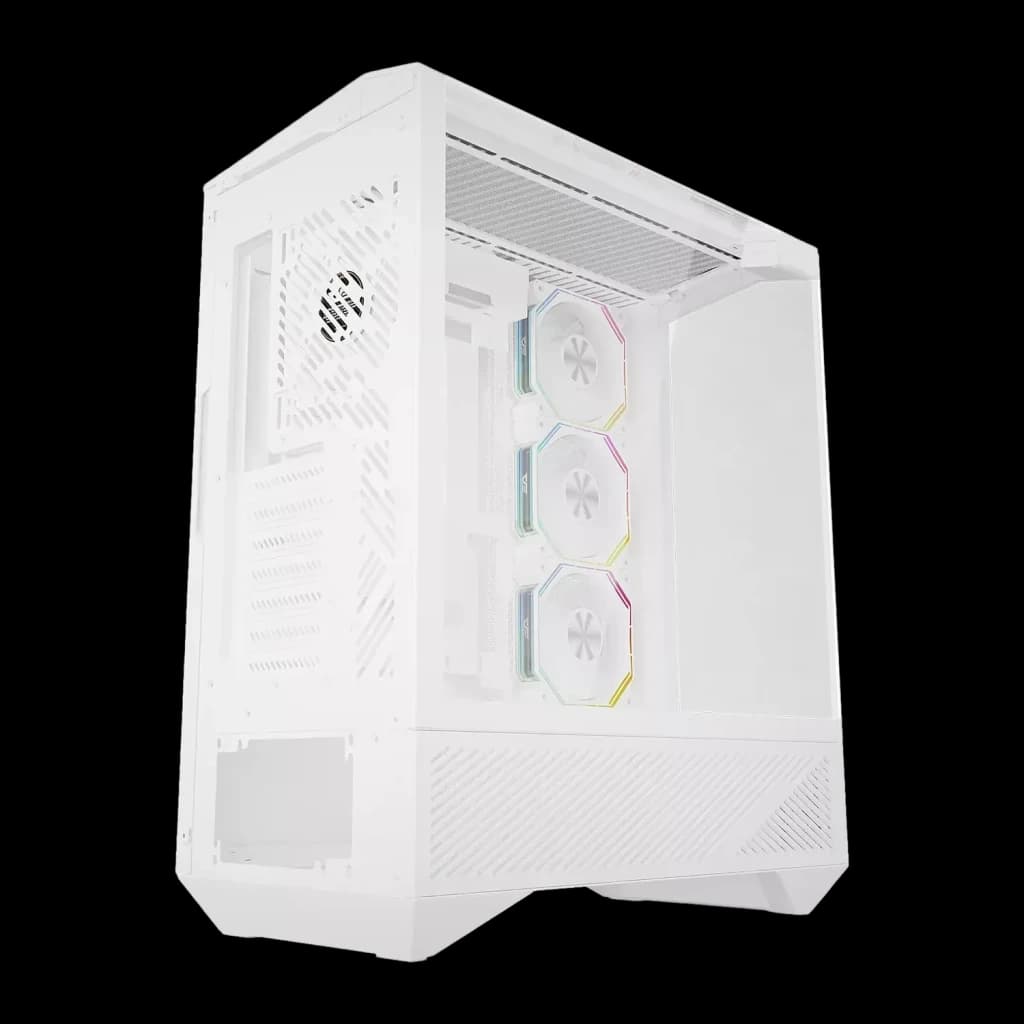 Caja PC Darkflash DY460 3 Paneles Cristal Templado 330° ATX Blanco, detalle: vista angular con 3 ventiladores ARGB frontales