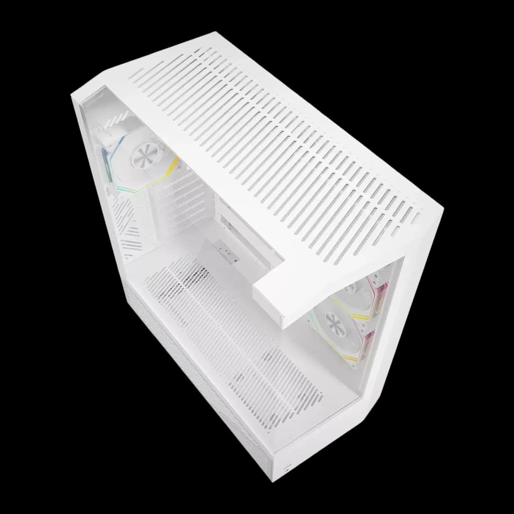 Caja PC Darkflash DY460 3 Paneles Cristal Templado 330° ATX Blanco, detalle: vista superior en ángulo con malla perforada