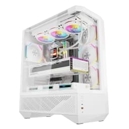 Caja PC Darkflash DY460 3 Paneles Cristal Templado 330° ATX Blanco, en uso: interior con AIO, GPU GeForce RTX y ventiladores