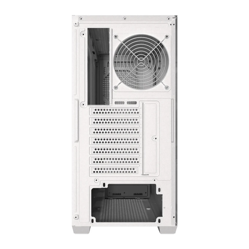 Boîtier PC Darkflash DS900 Mesh Verre Trempé ATX 454x218x470mm Blanc, vue arrière: ventilateur 120mm, slots d'extension