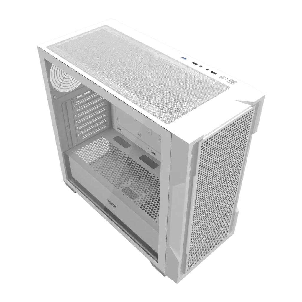 Boîtier PC Darkflash DS900 Mesh Verre Trempé ATX 454x218x470mm Blanc, détail: vue en angle supérieur, panneau latéral