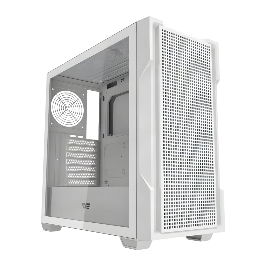 Boîtier PC Darkflash DS900 Mesh Verre Trempé ATX 454x218x470mm Blanc, détail: panneau latéral en verre trempé et façade mesh