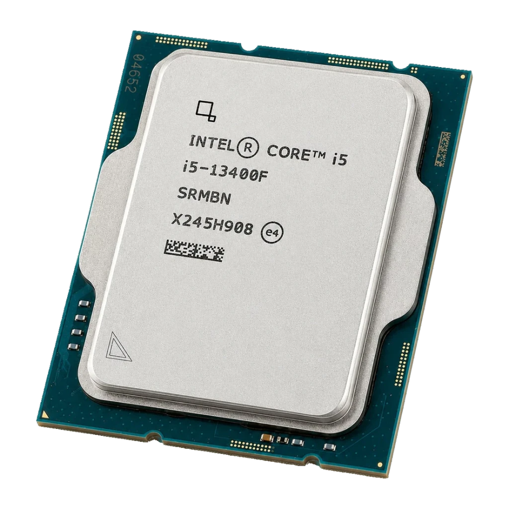 Intel Core i5-13400F Tray 10 Cœurs LGA1700, vue de face: IHS argenté avec sérigraphie du modèle et PCB vert teal