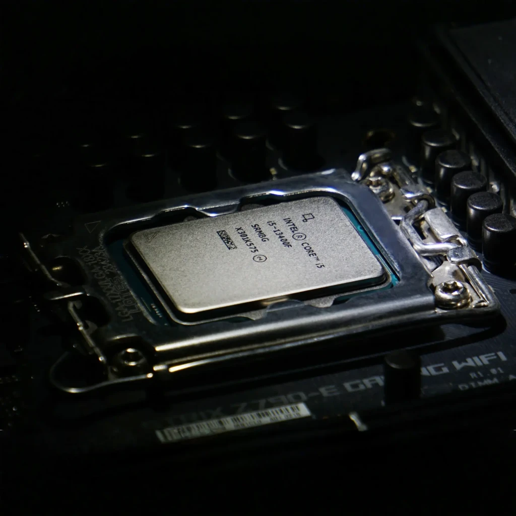 Intel Core i5-13400F Tray 10 Cœurs LGA1700, en utilisation: processeur installé dans le socket LGA1700 de la carte mère, IHS