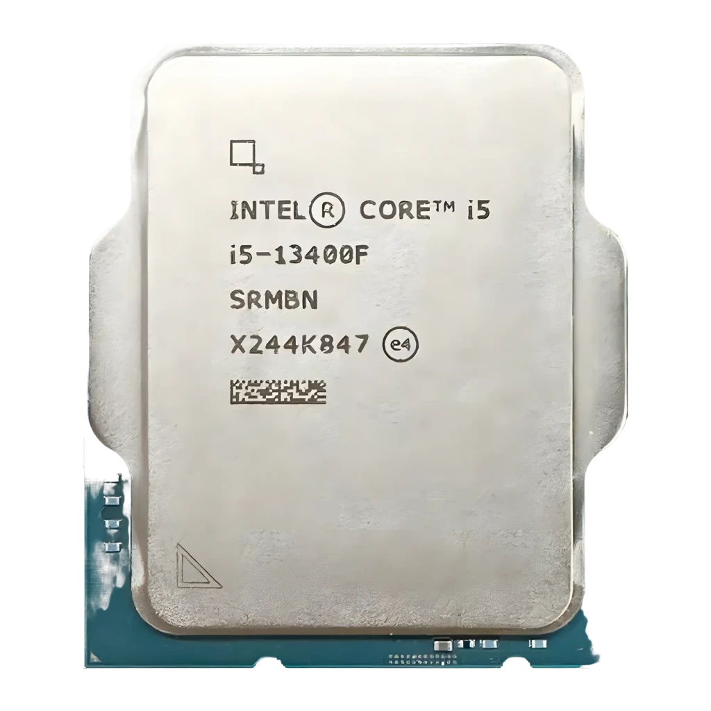 Intel Core i5-13400F Tray 10 Cœurs LGA1700, détail: IHS argenté gravé i5-13400F, code SRMBN et PCB vert visible