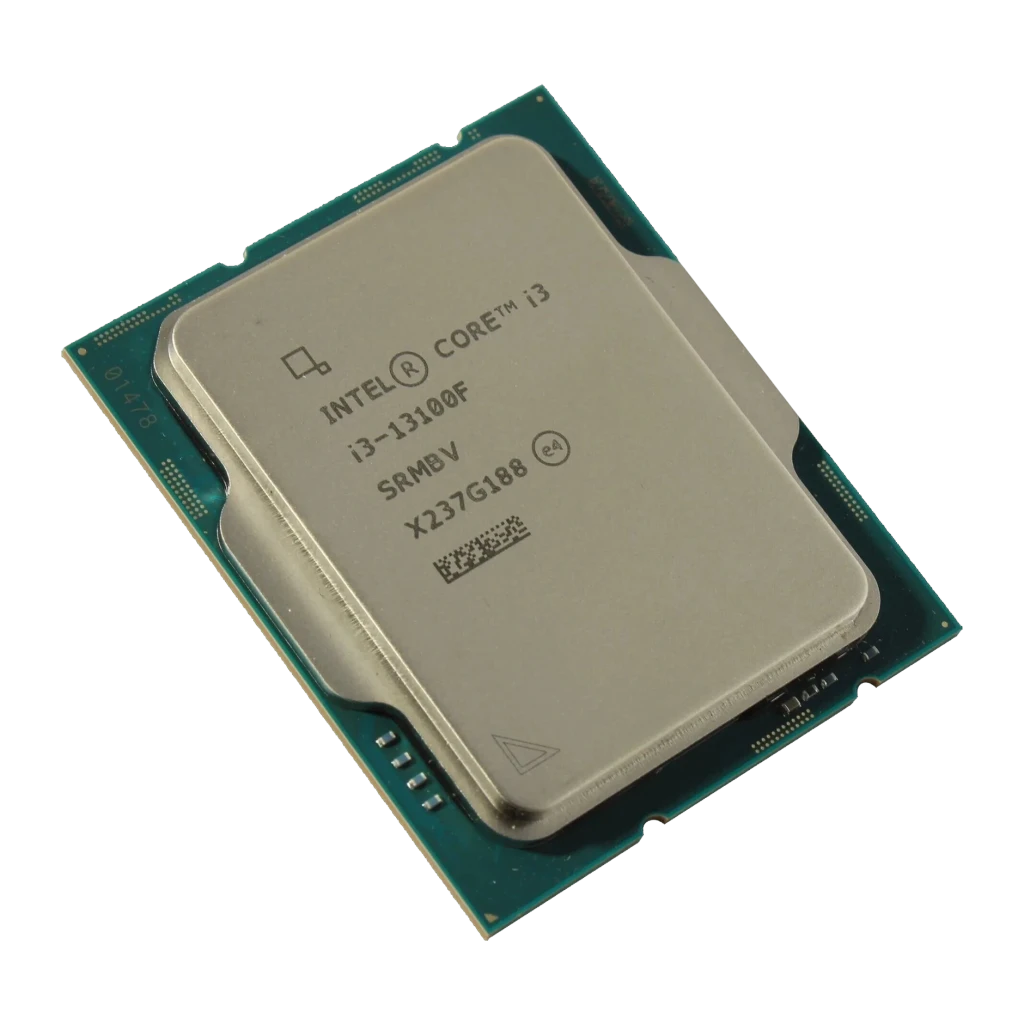 Intel Core i3-13100F Tray 4 Cœurs LGA1700, détail: IHS argenté gravé i3-13100F et PCB vert avec contacts visibles