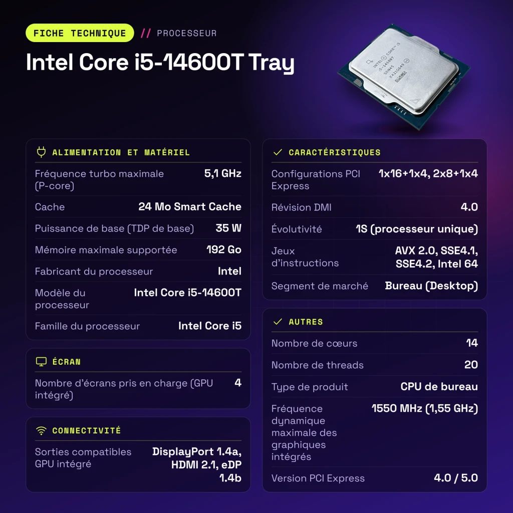 Intel Core i5-14600T Tray 14 Cœurs LGA1700 - caractéristiques