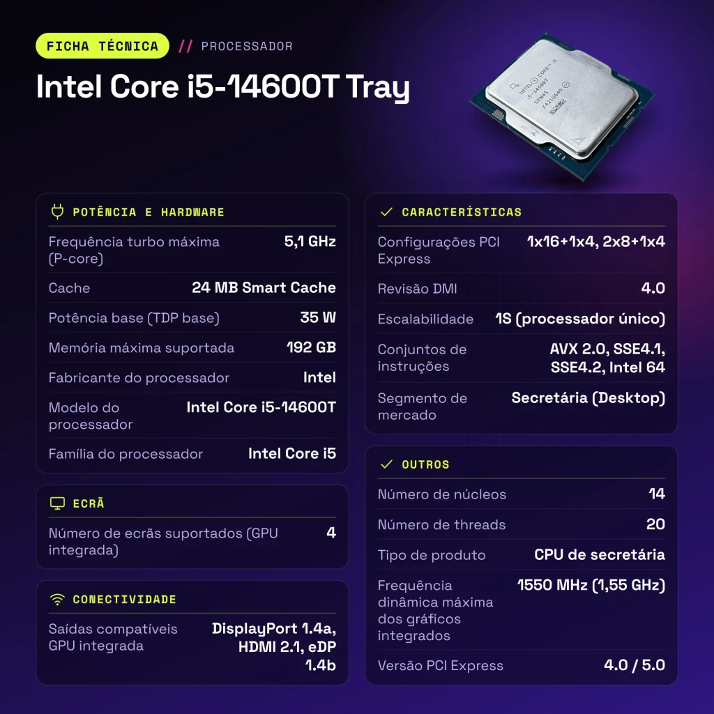 Intel Core i5-14600T Tray 14 Cœurs LGA1700 - caractéristiques
