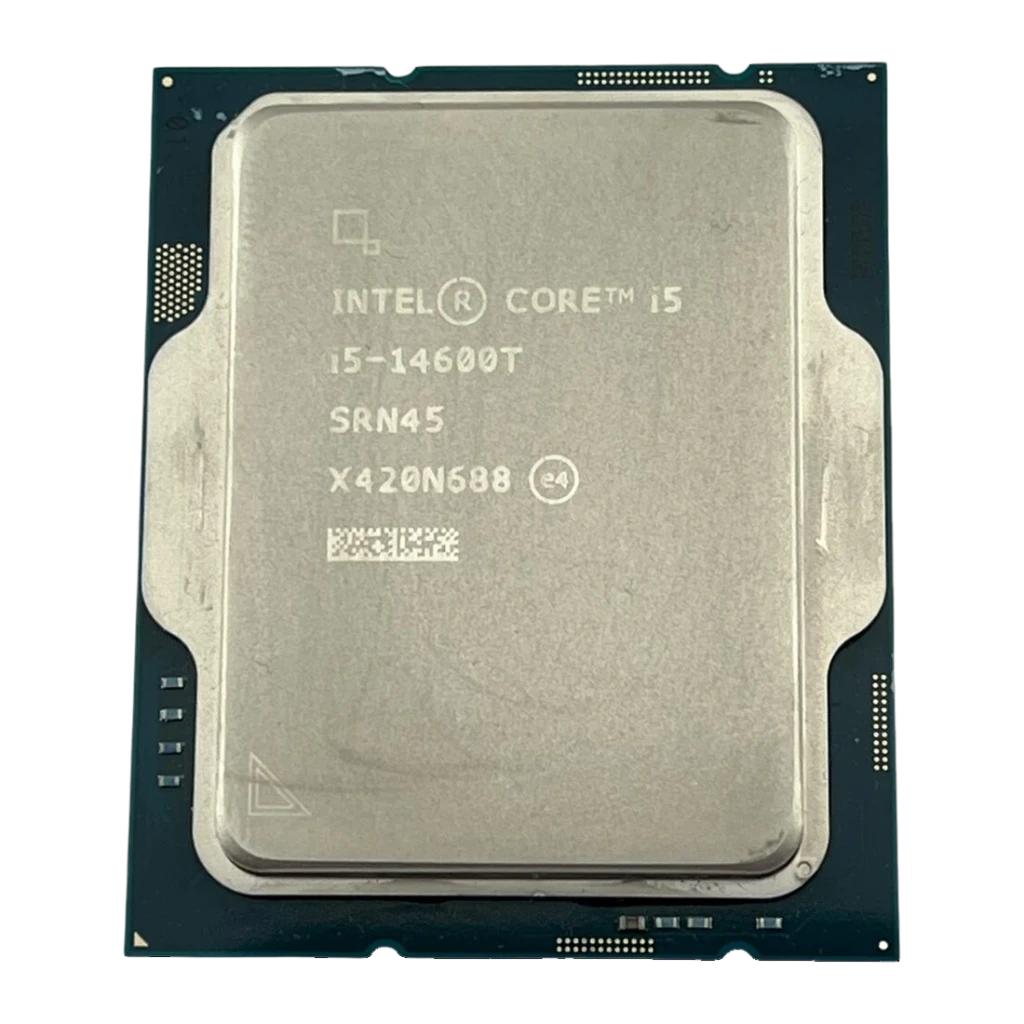 Intel Core i5-14600T Tray 14 Cœurs LGA1700, détail: IHS métallique avec sérigraphie du modèle SRN45 et code de lot