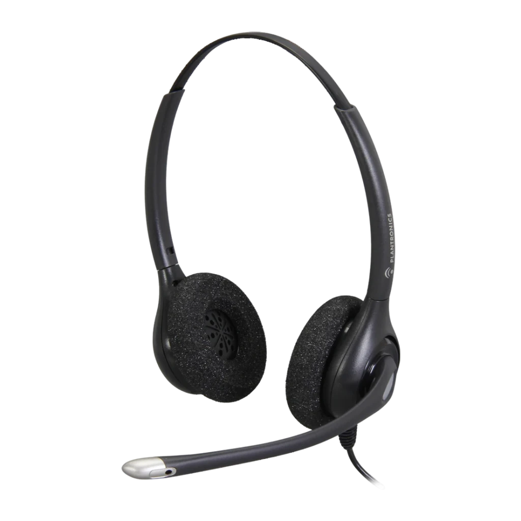 Casque Poly H261N Supraplus Binaural Arceau Câble Noir, détail: coussinets en mousse, micro-boom flexible et logo