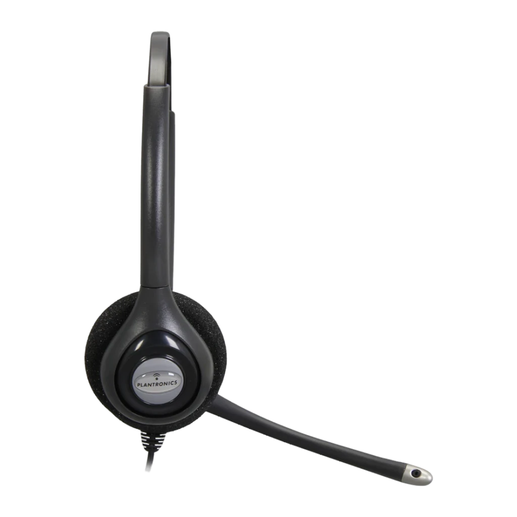 Casque Poly H261N Supraplus Binaural Arceau Câble Noir, détail latéral: écouteur avec mousse, logo Plantronics et bras
