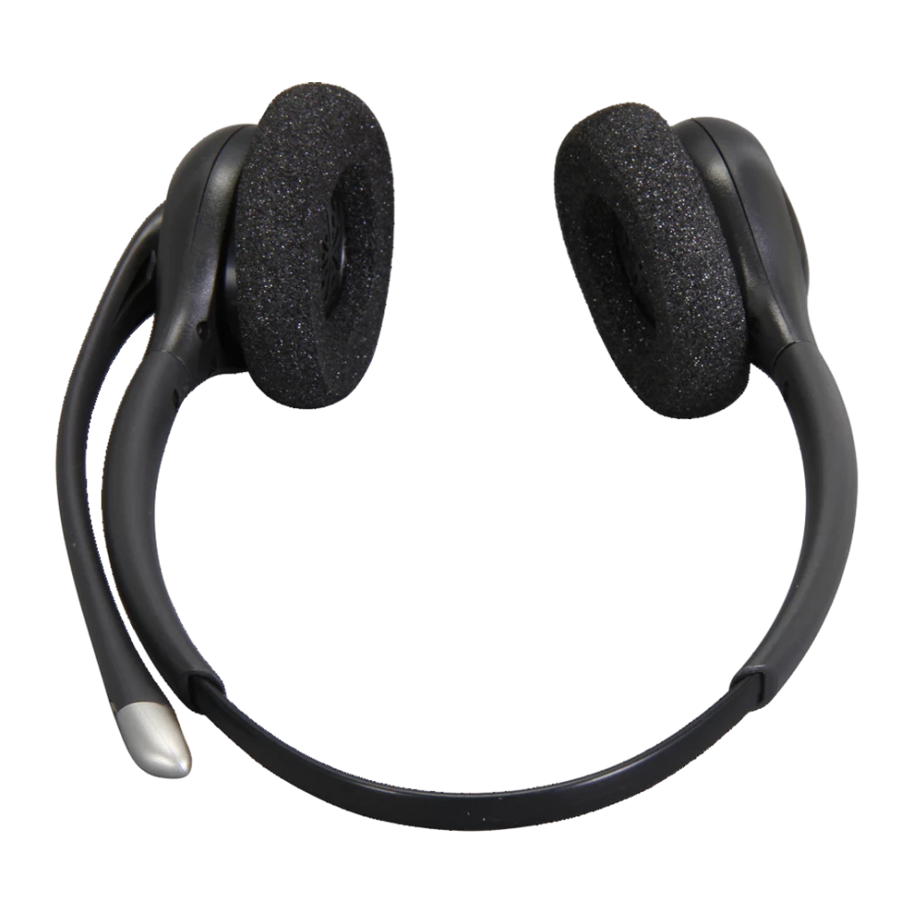 Casque Poly H261N Supraplus Binaural Arceau Câble Noir, détail: coussinets en mousse et microphone à embout argenté vus