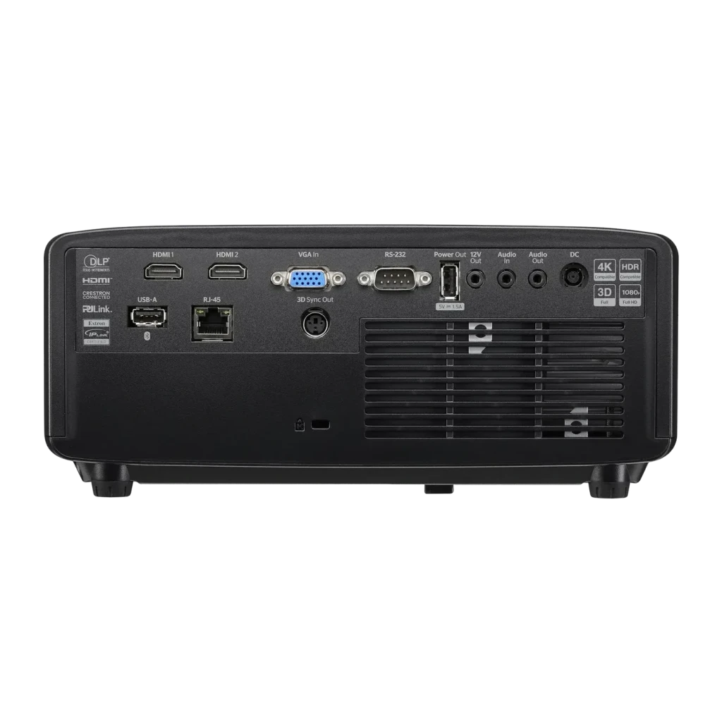 Projetor Optoma Laser 1080p Full HD 4000 lúmens ANSI DLP Preto HZ147X, vista traseira: portas HDMI x2, VGA, USB-A, RJ-45