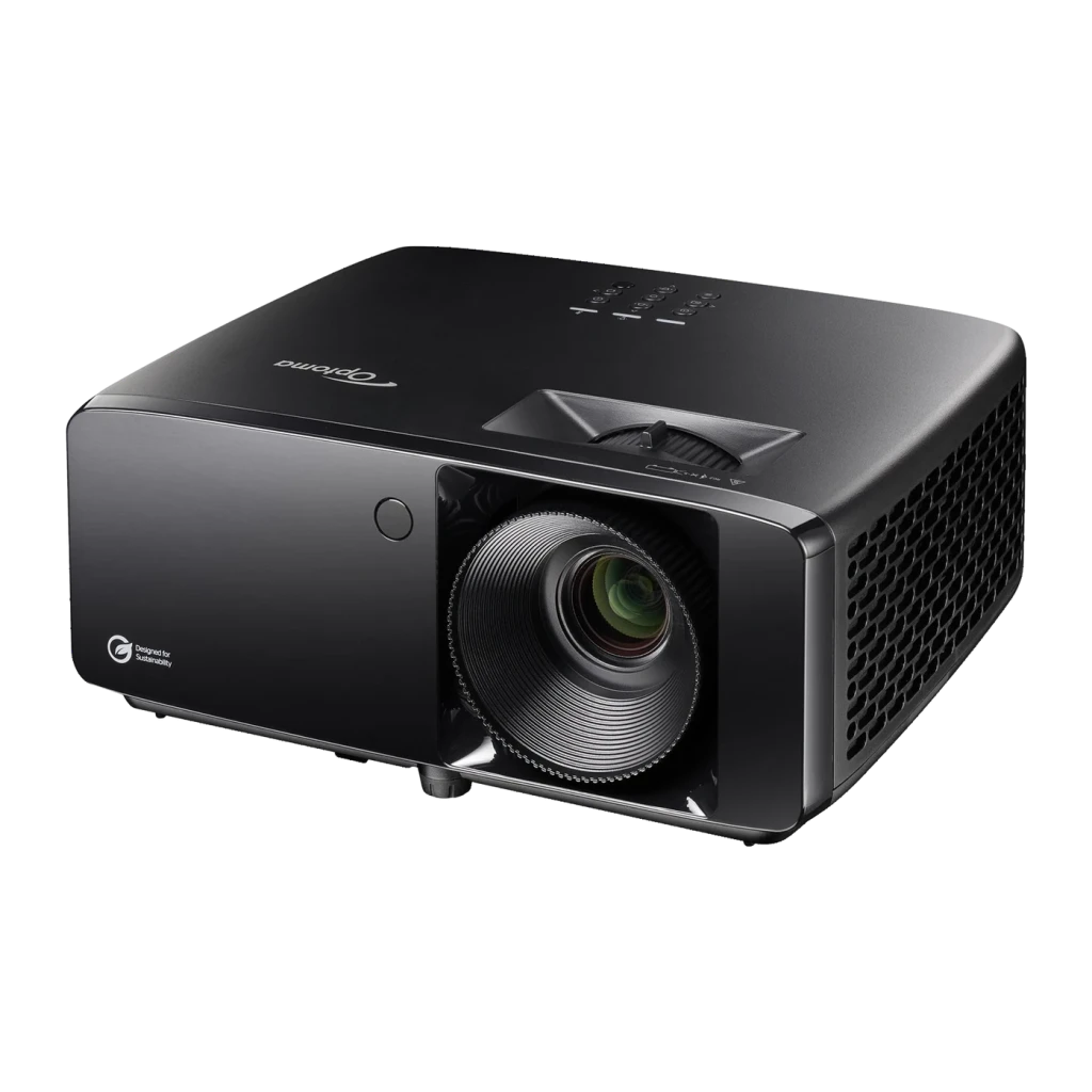 Projetor Optoma Laser 1080p Full HD 4000 lúmens ANSI DLP Preto HZ147X, detalhe: objetiva com anel de foco, grelha