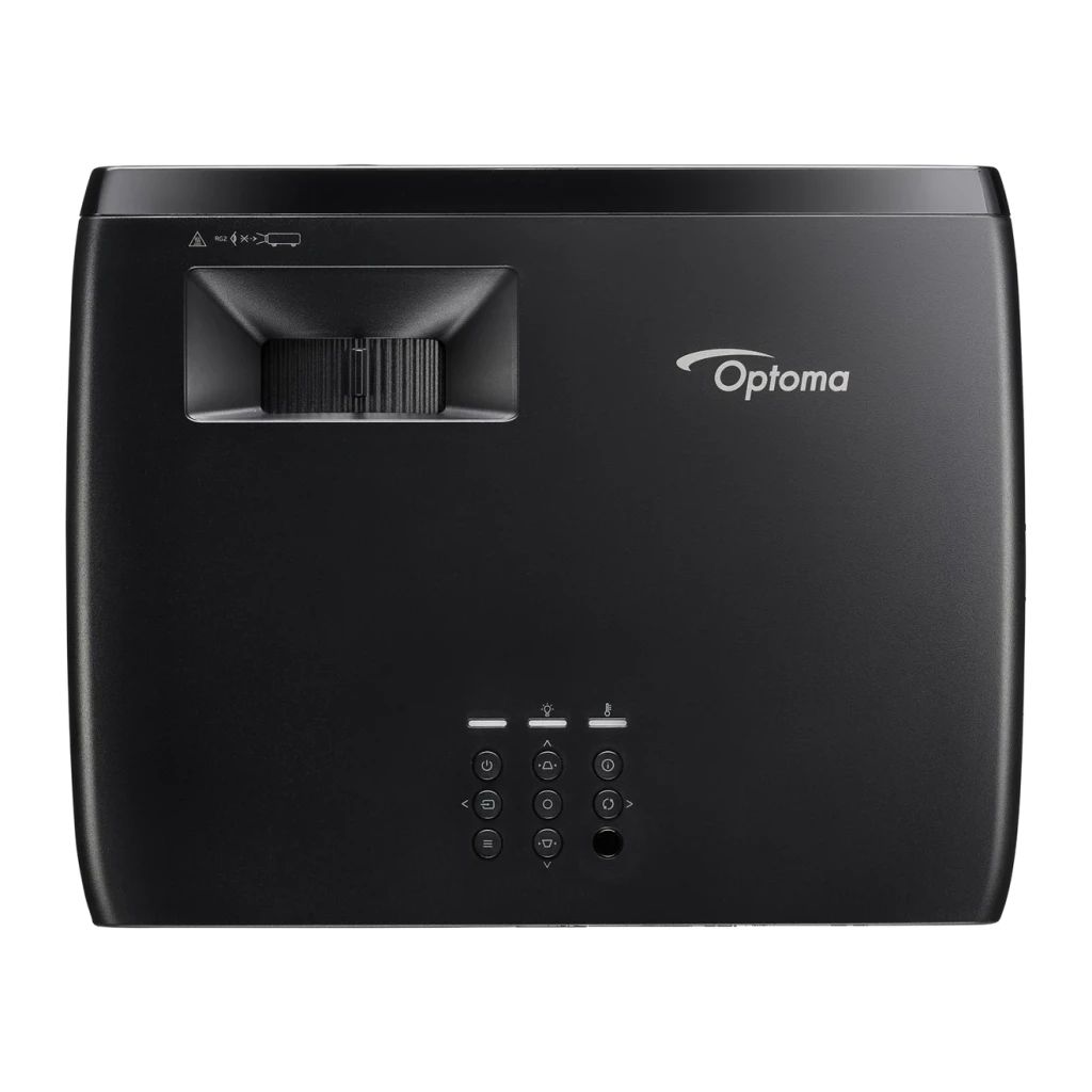 Projetor Optoma Laser 1080p Full HD 4000 lúmens ANSI DLP Preto HZ147X, detalhe: vista superior com roda de zoom, painel