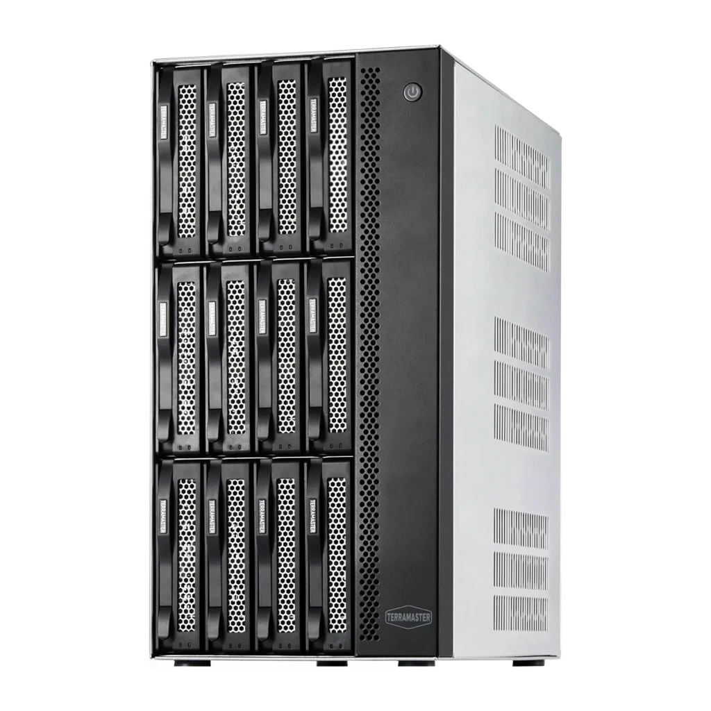 Serveur NAS TerraMaster 16Go Gris 12 Baies Sans Disques 2× 10GbE T12-500 Pro, vue avant: châssis gris avec 12 baies noires