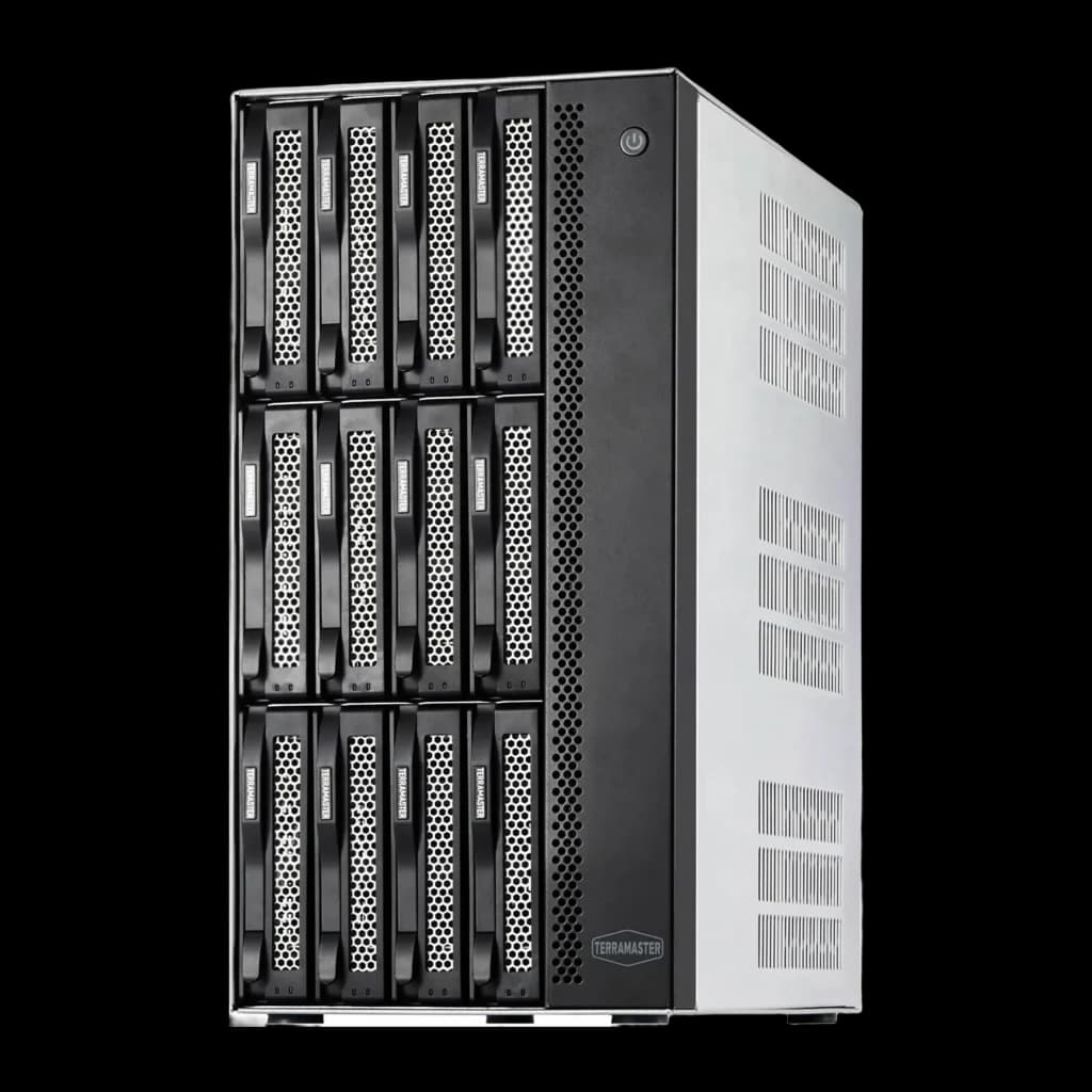 Servidor NAS TerraMaster 16GB Gris 12 Bahías Sin Discos 2× 10GbE T12-500 Pro, vista frontal: chasis gris con 12 bahías