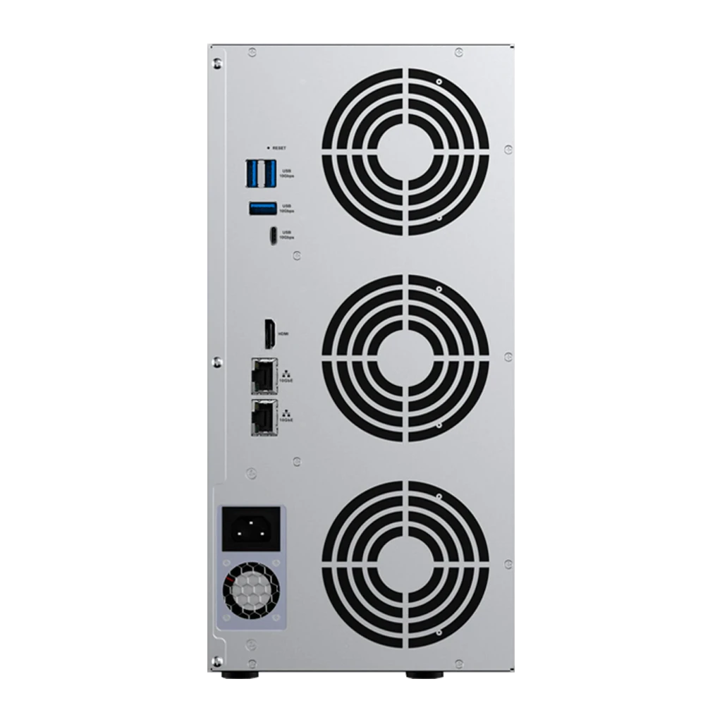 Serveur NAS TerraMaster 16Go Gris 12 Baies Sans Disques 2× 10GbE T12-500 Pro, vue arrière: 3 ventilateurs, ports USB, 2×