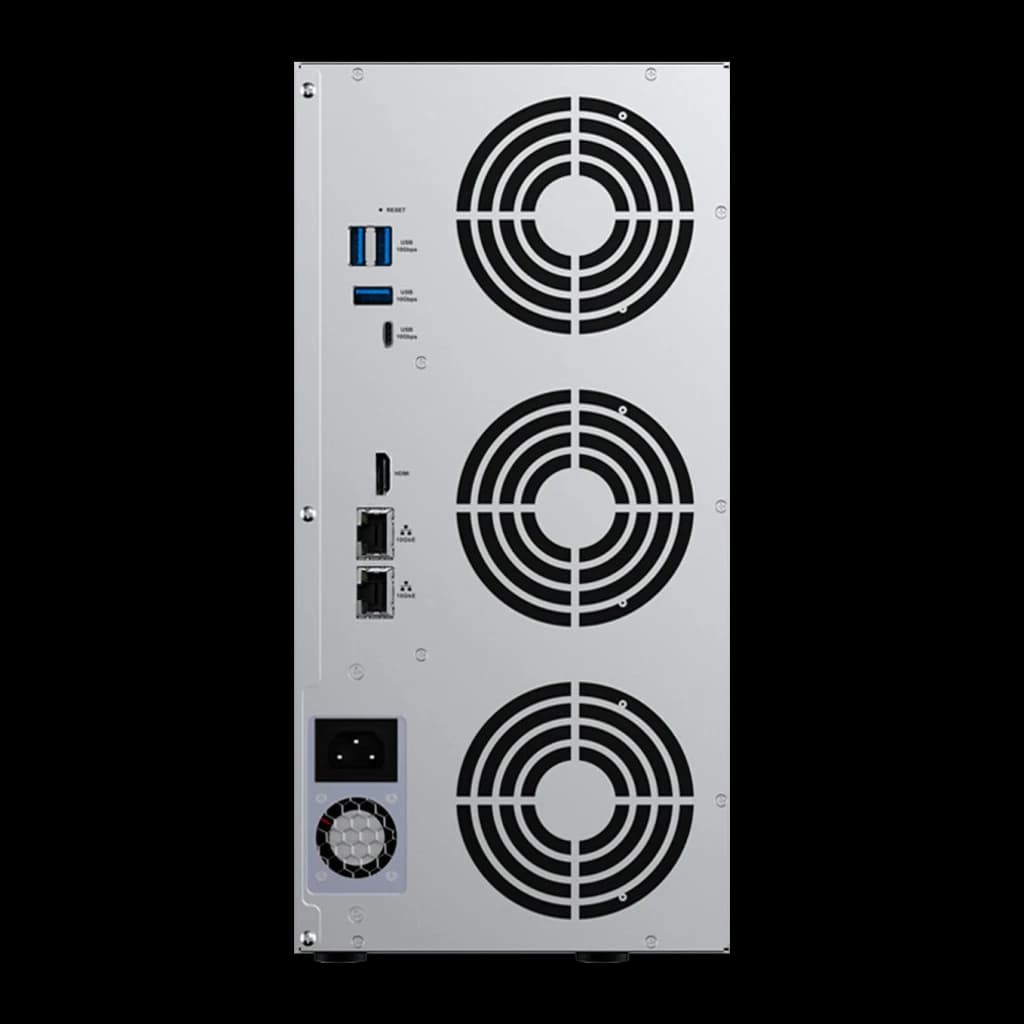 Servidor NAS TerraMaster 16GB Gris 12 Bahías Sin Discos 2× 10GbE T12-500 Pro, vista trasera: 3 ventiladores, puertos USB, 2×