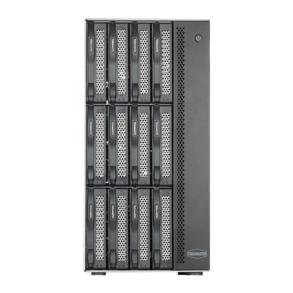 Serveur NAS TerraMaster 16Go Gris 12 Baies Sans Disques 2× 10GbE T12-500 Pro, détail avant: 12 tiroirs vides à grille