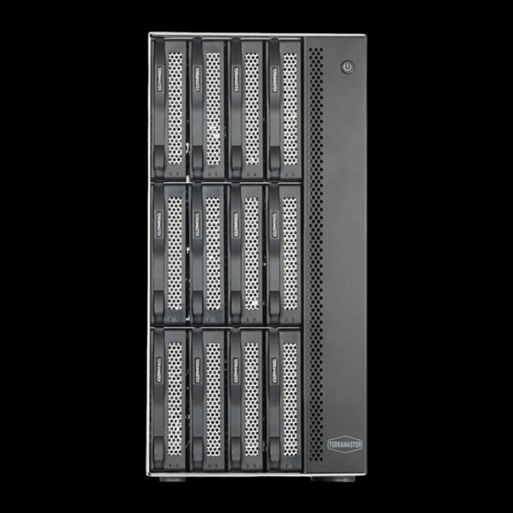 Servidor NAS TerraMaster 16GB Gris 12 Bahías Sin Discos 2× 10GbE T12-500 Pro, detalle frontal: 12 bandejas vacías