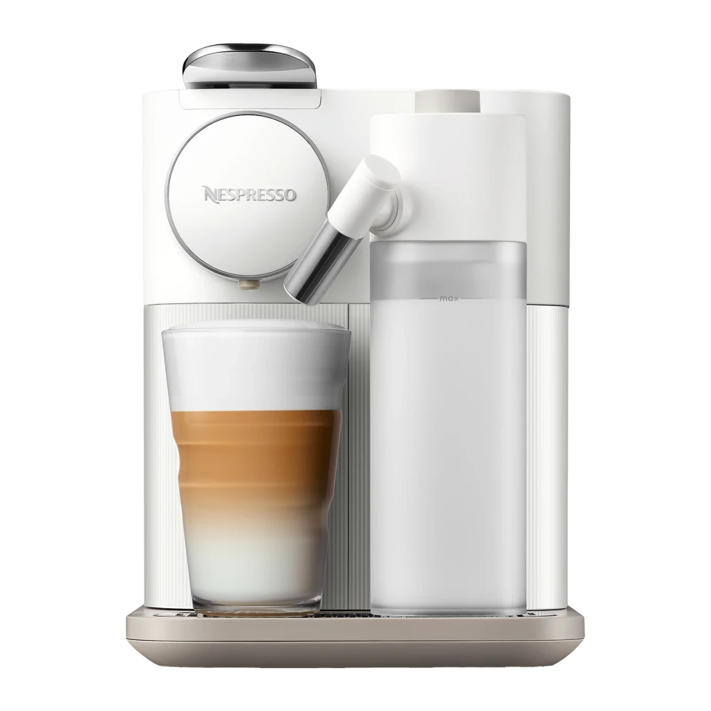 Cafetera de cápsulas De'Longhi Gran Lattissima 1L Tanque de leche integrado Nespresso Blanco EN640.W, detalle frontal: vaso
