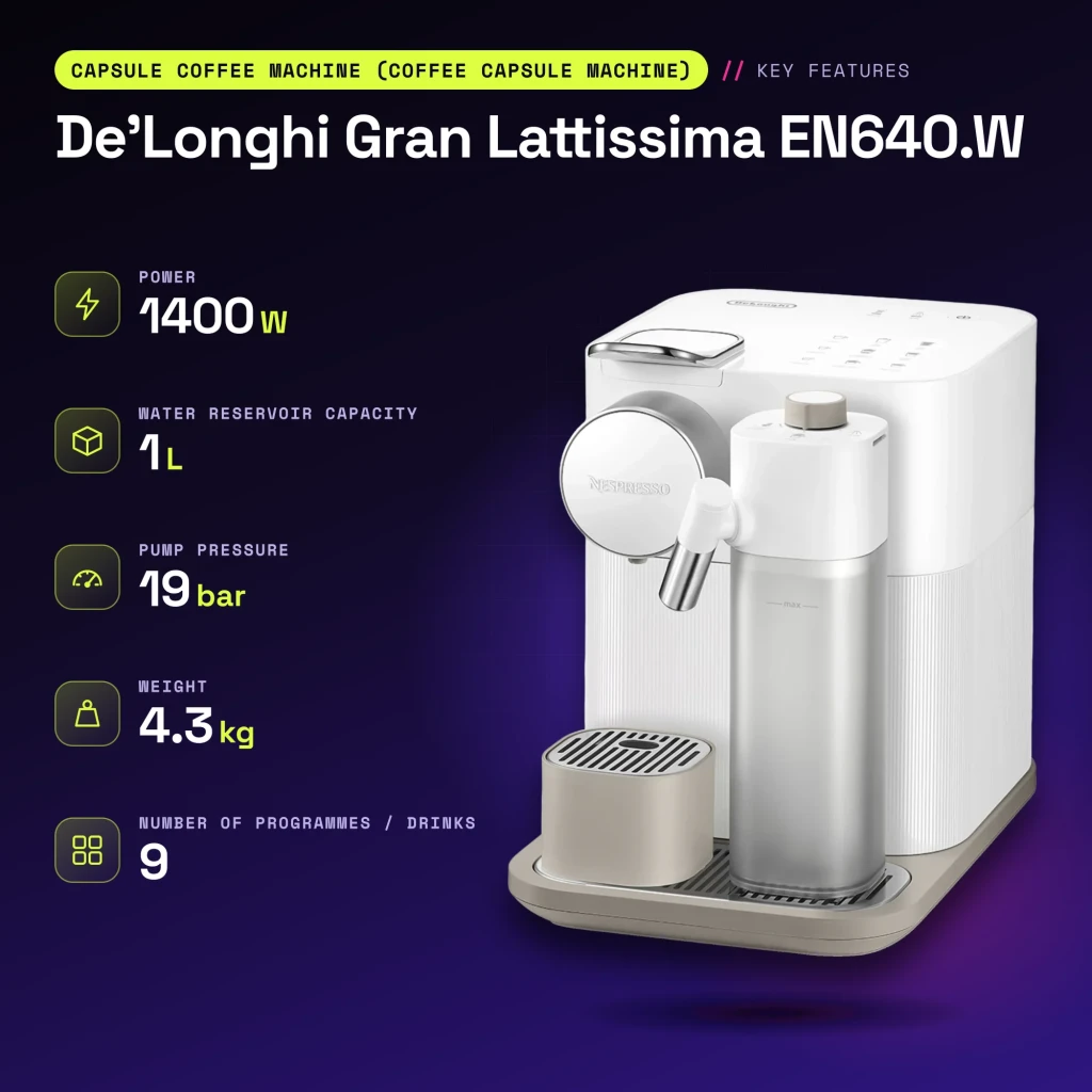 Cafetera de cápsulas De'Longhi Gran Lattissima 1L Tanque de leche integrado Nespresso Blanco EN640.W - características