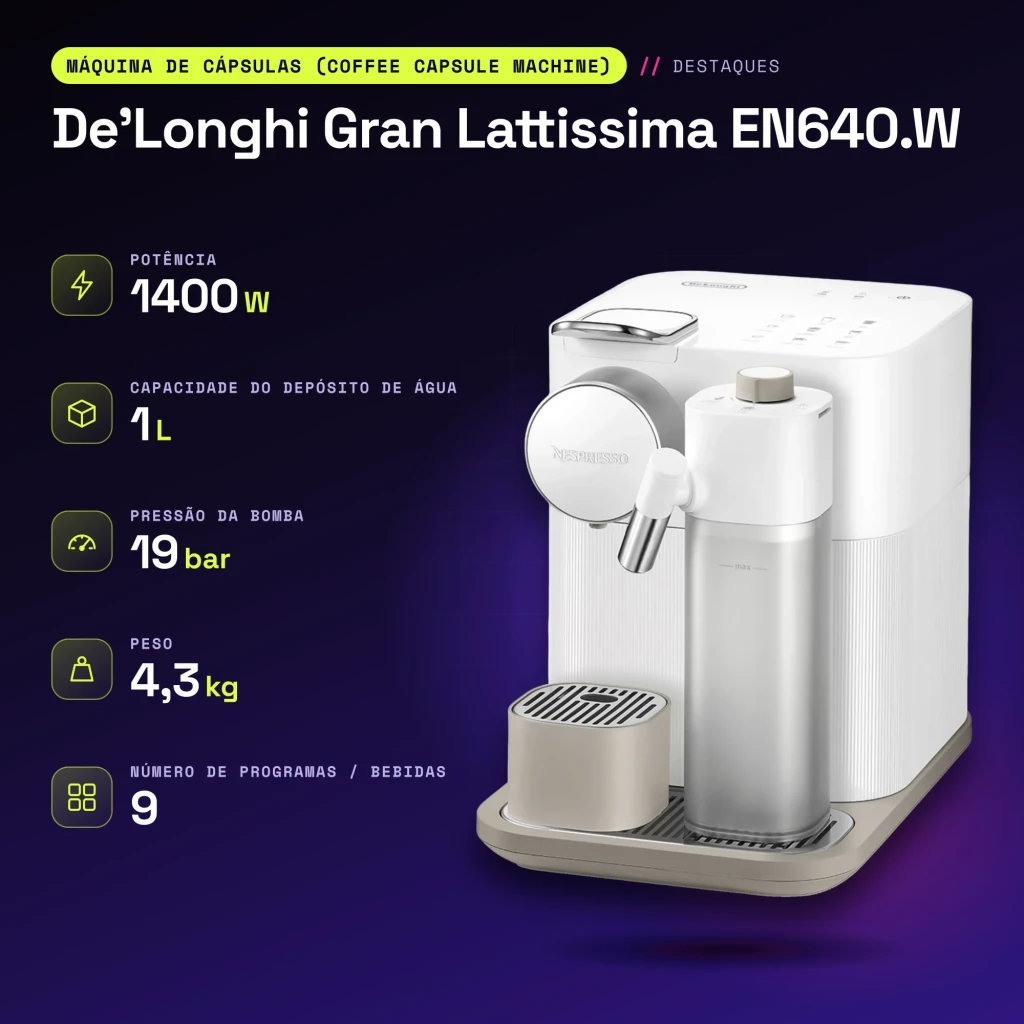 Cafetera de cápsulas De'Longhi Gran Lattissima 1L Tanque de leche integrado Nespresso Blanco EN640.W - características