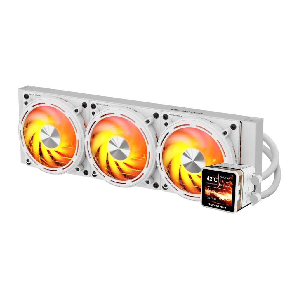 Refroidissement Liquide AIO Darkflash DE360 360mm ARGB Blanc, vue de face: radiateur blanc avec 3 ventilateurs ARGB orange