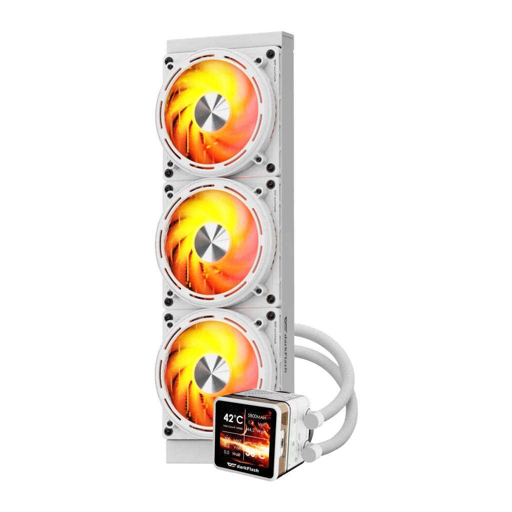 Refroidissement Liquide AIO Darkflash DE360 360mm ARGB Blanc, détail: radiateur avec 3 ventilateurs ARGB orange et écran LCD
