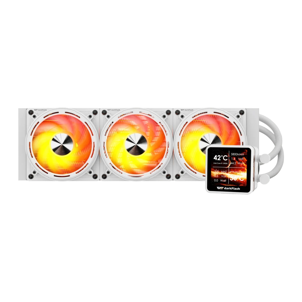 Refroidissement Liquide AIO Darkflash DE360 360mm ARGB Blanc, détail: radiateur avec 3 ventilateurs ARGB orange et écran LCD