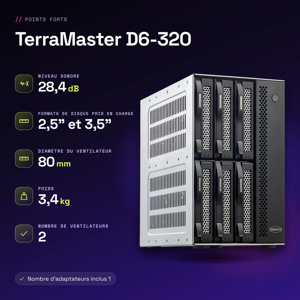 Boîtier externe DAS TerraMaster 132 To max. Noir 6 baies sans disque D6-320 - caractéristiques