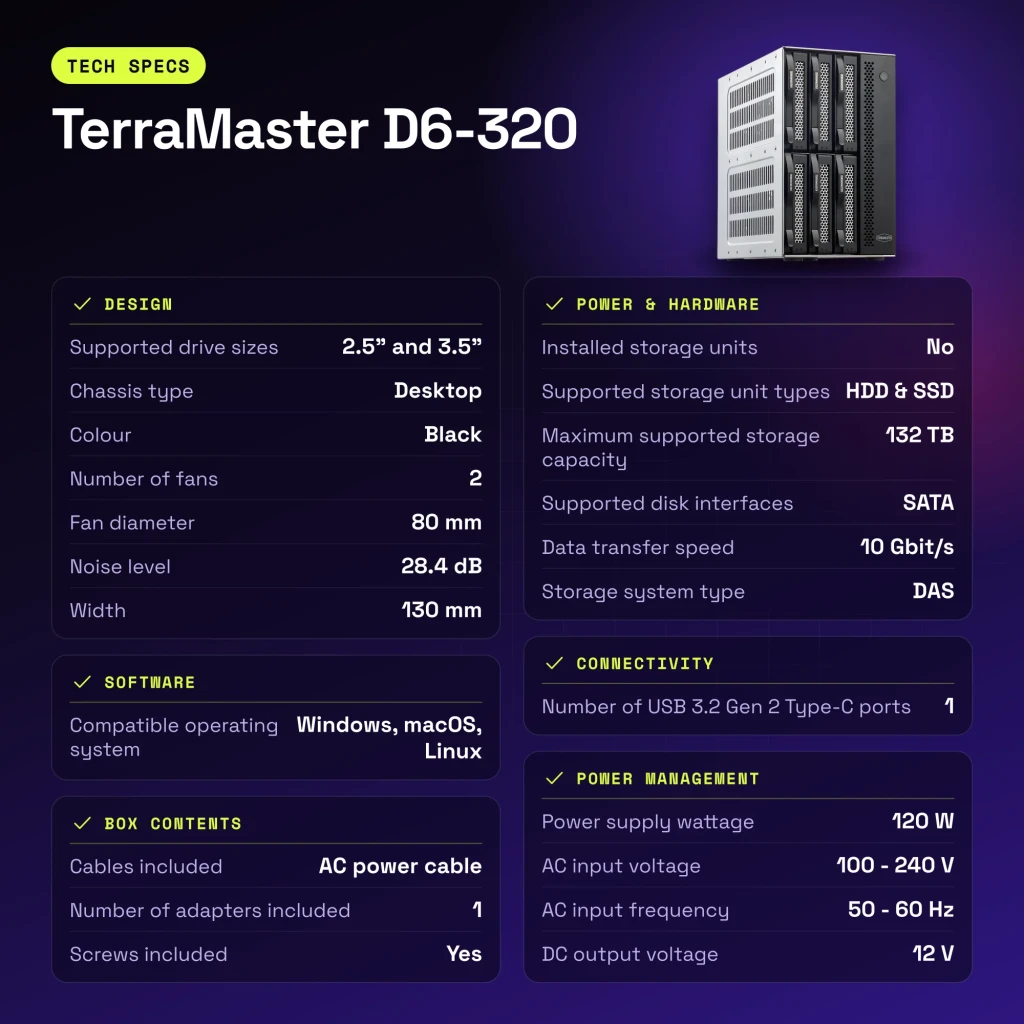 Boîtier externe DAS TerraMaster 132 To max. Noir 6 baies sans disque D6-320 - caractéristiques