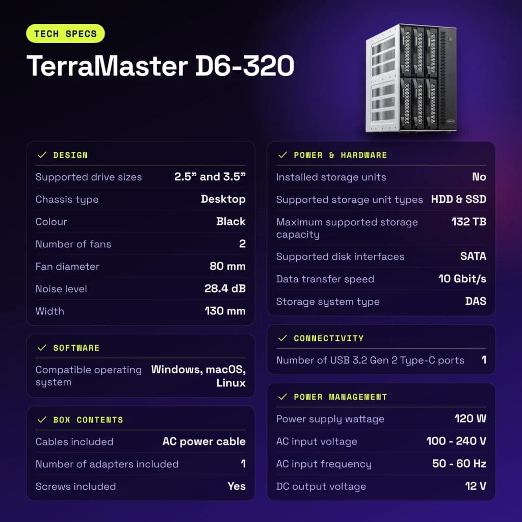 Boîtier externe DAS TerraMaster 132 To max. Noir 6 baies sans disque D6-320 - caractéristiques