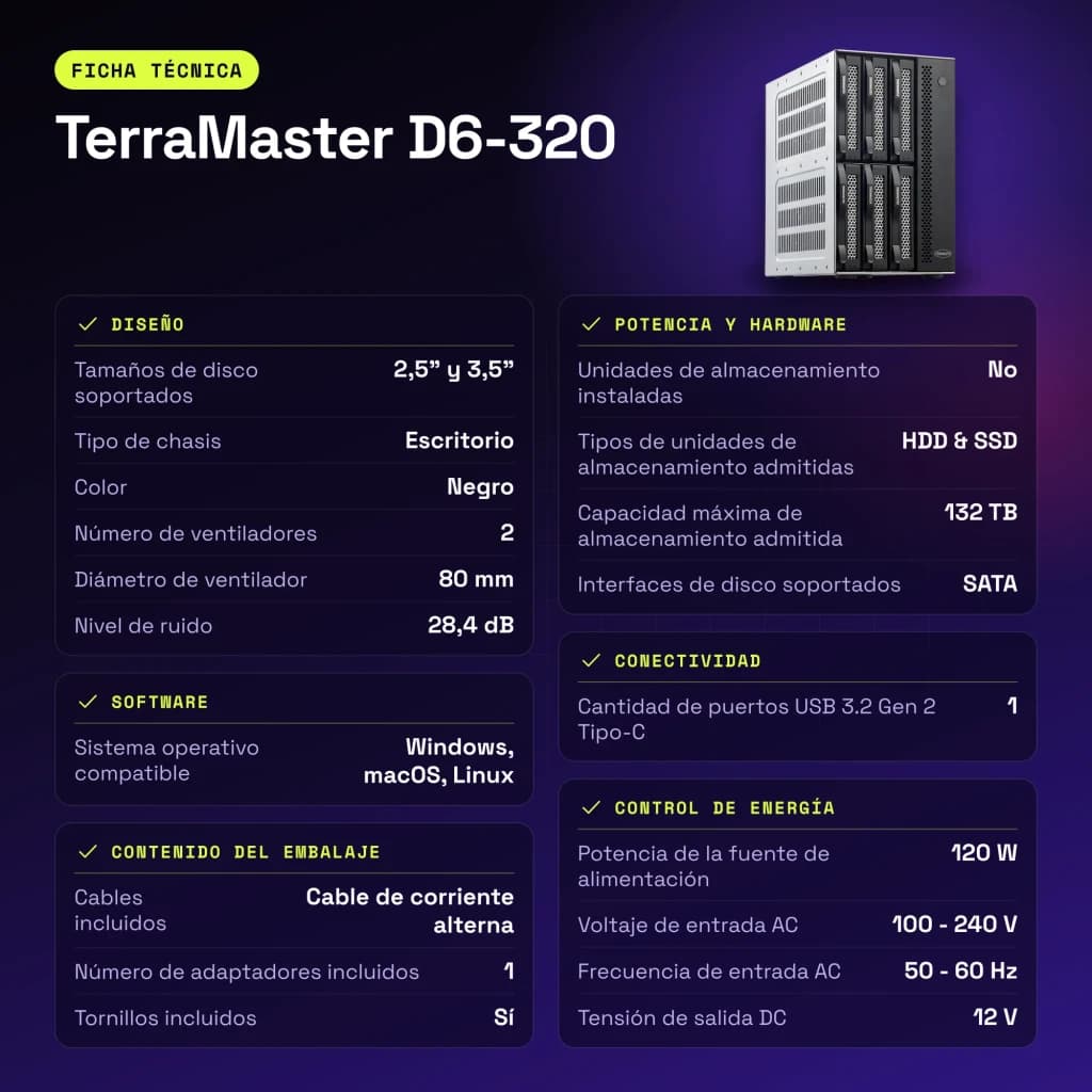 Boîtier externe DAS TerraMaster 132 To max. Noir 6 baies sans disque D6-320 - caractéristiques