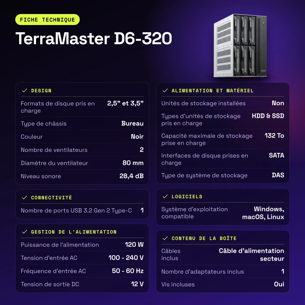 Boîtier externe DAS TerraMaster 132 To max. Noir 6 baies sans disque D6-320 - caractéristiques