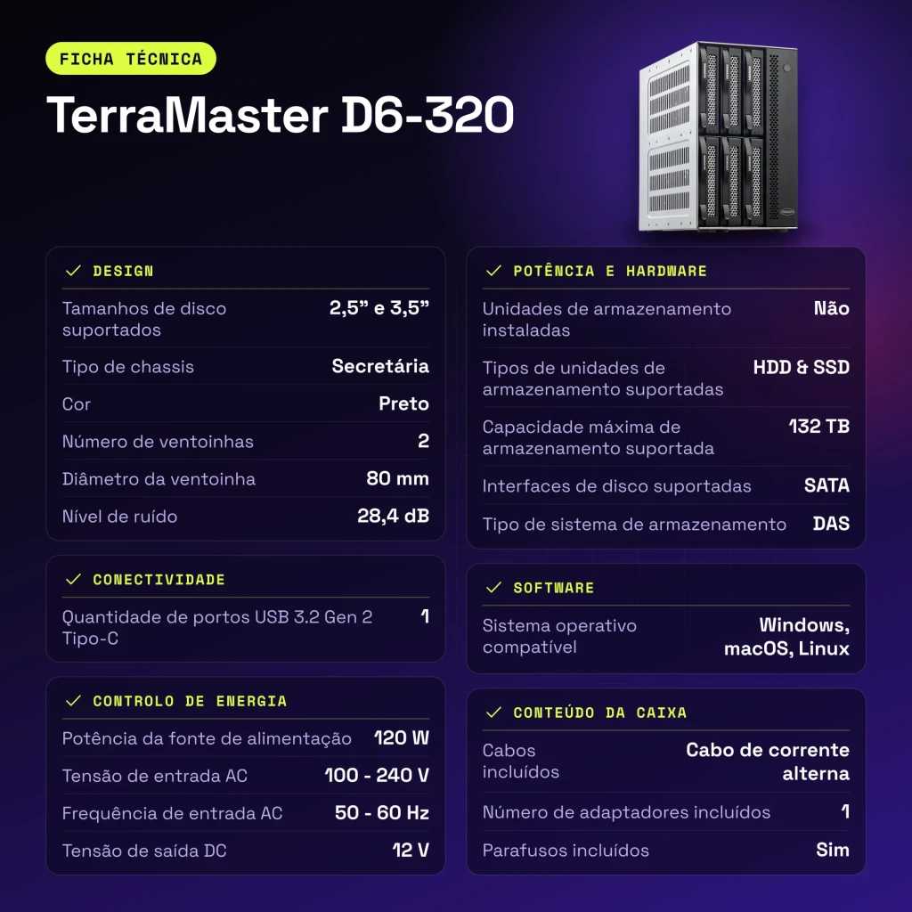 Boîtier externe DAS TerraMaster 132 To max. Noir 6 baies sans disque D6-320 - caractéristiques
