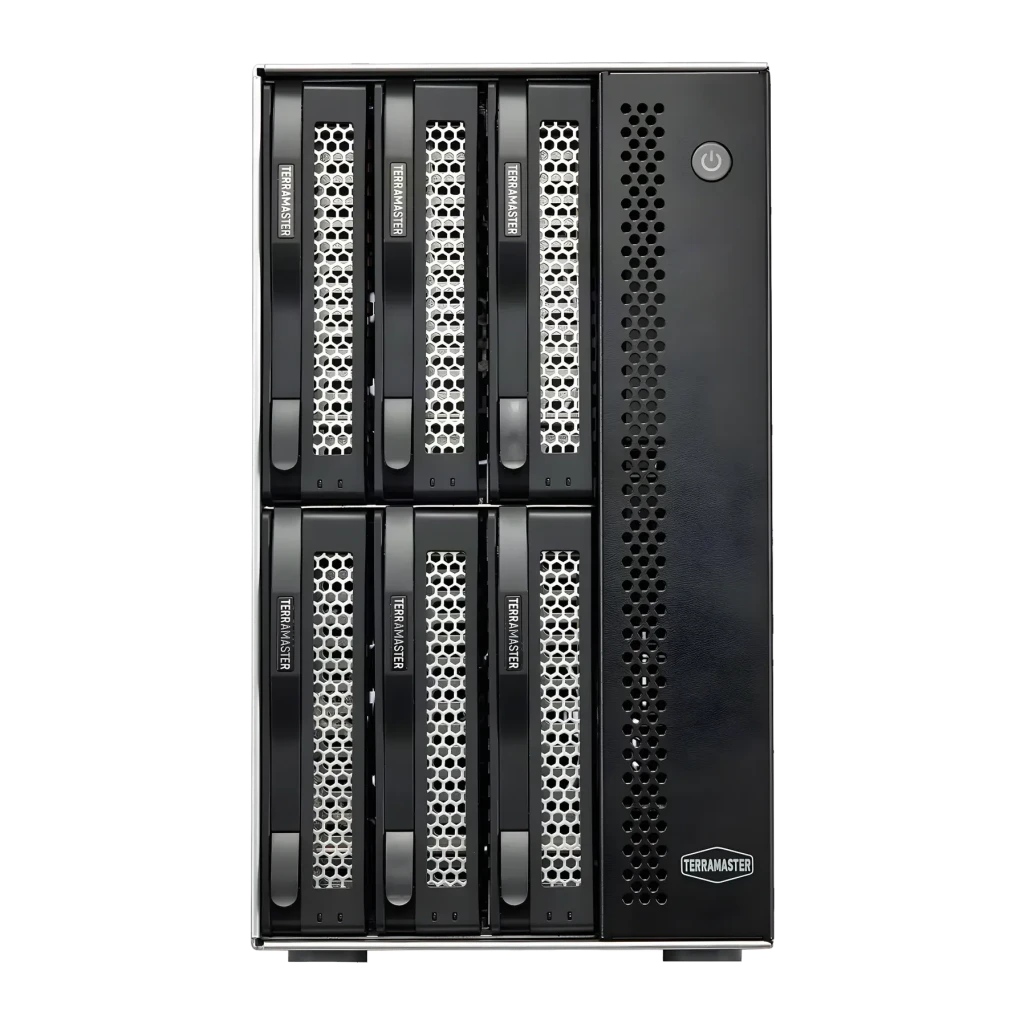 Boîtier externe DAS TerraMaster 132 To max. Noir 6 baies sans disque D6-320, détail avant: 6 baies avec tiroirs grille