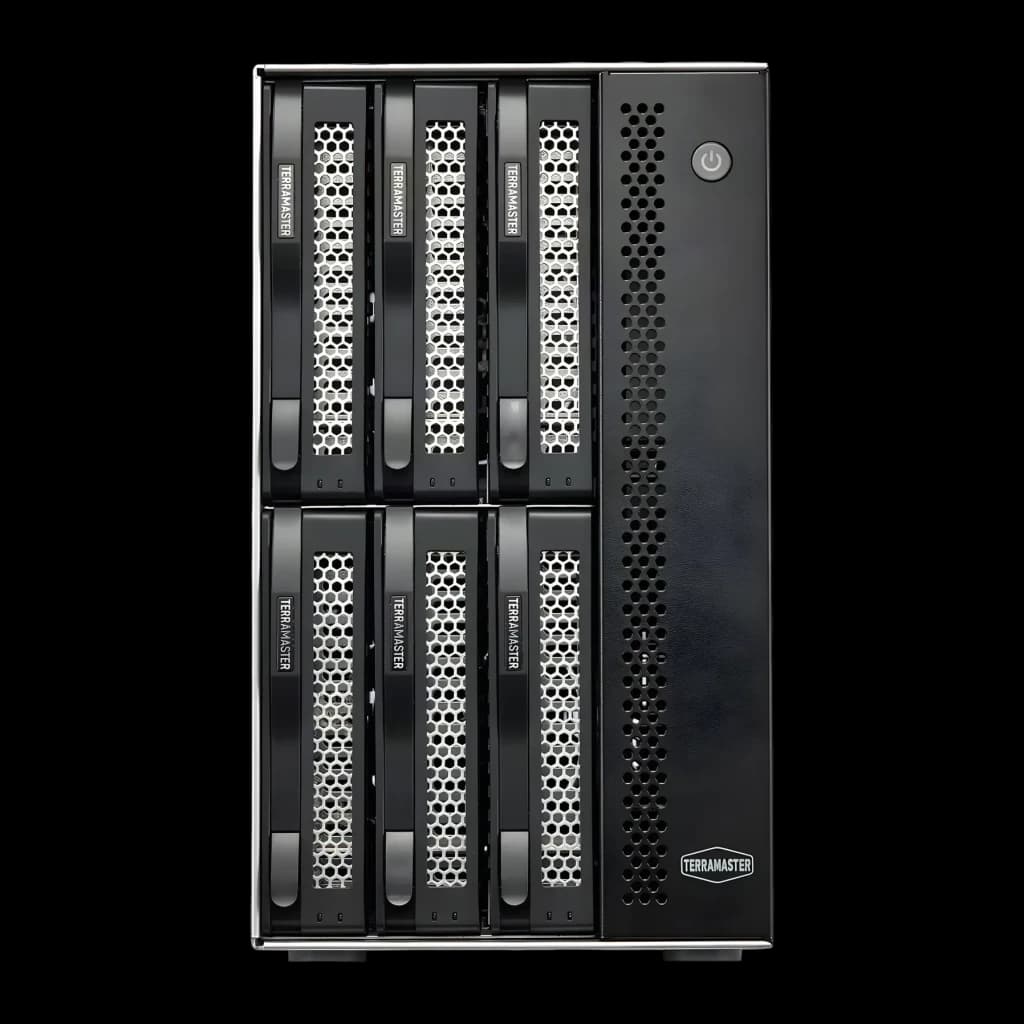 Boîtier externe DAS TerraMaster 132 To max. Noir 6 baies sans disque D6-320, détail avant: 6 baies avec tiroirs grille