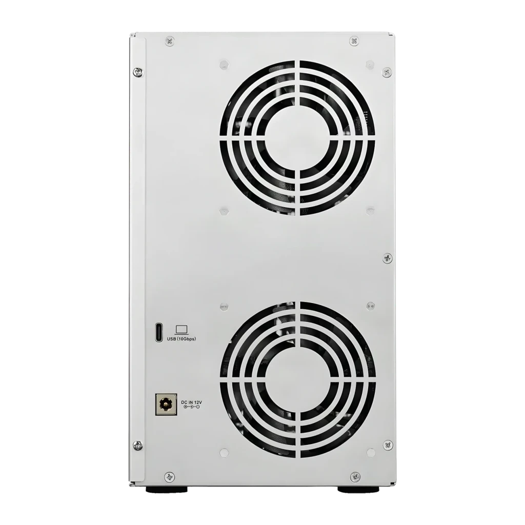 Boîtier externe DAS TerraMaster 132 To max. Noir 6 baies sans disque D6-320, vue arrière: deux ventilateurs, port USB 10Gbps