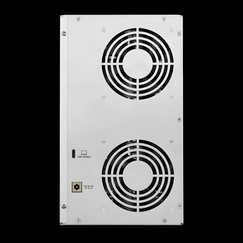 Boîtier externe DAS TerraMaster 132 To max. Noir 6 baies sans disque D6-320, vue arrière: deux ventilateurs, port USB 10Gbps