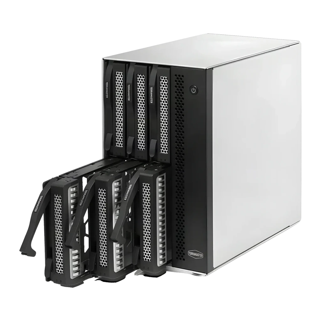 Boîtier externe DAS TerraMaster 132 To max. Noir 6 baies sans disque D6-320, détail: tiroirs extractibles ouverts révélant