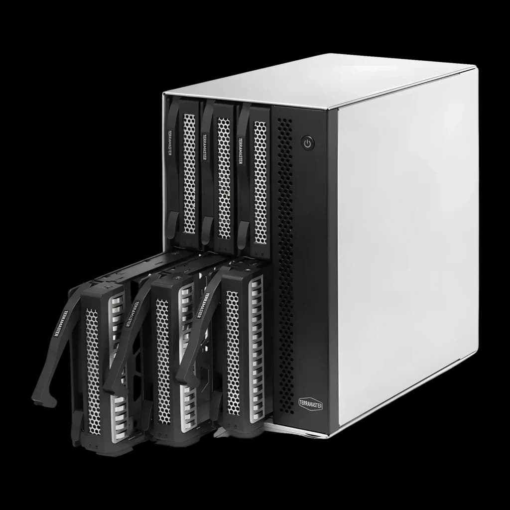 Boîtier externe DAS TerraMaster 132 To max. Noir 6 baies sans disque D6-320, détail: tiroirs extractibles ouverts révélant