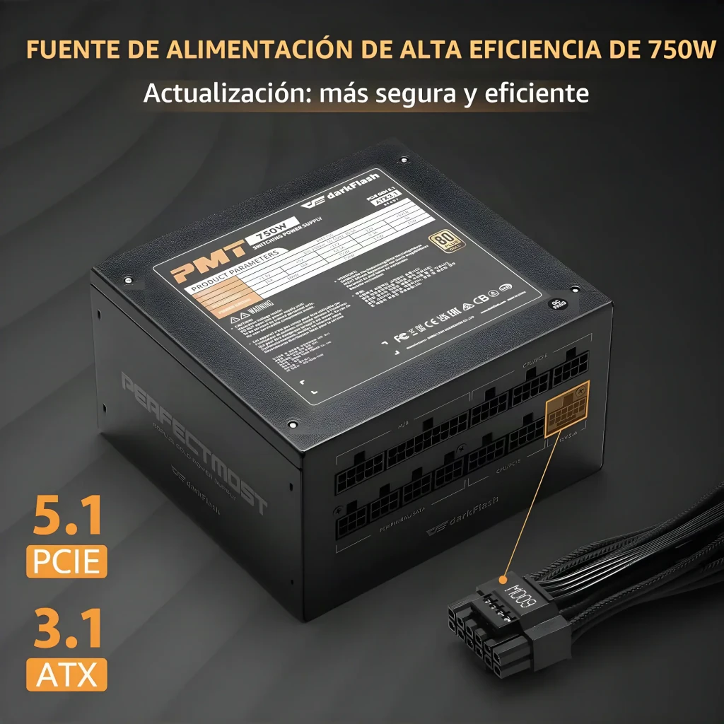 Fuente de Alimentación Darkflash Totalmente modular 750W 80 Plus Gold Negro PMT750, vista lateral-frontal: panel modular